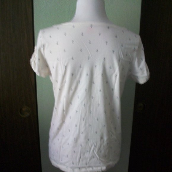 Joe Fresh White Nautical Black Anchor Boat Neck Short Sleeve Knit Tee Shirt Sz L - Picture 6 of 9